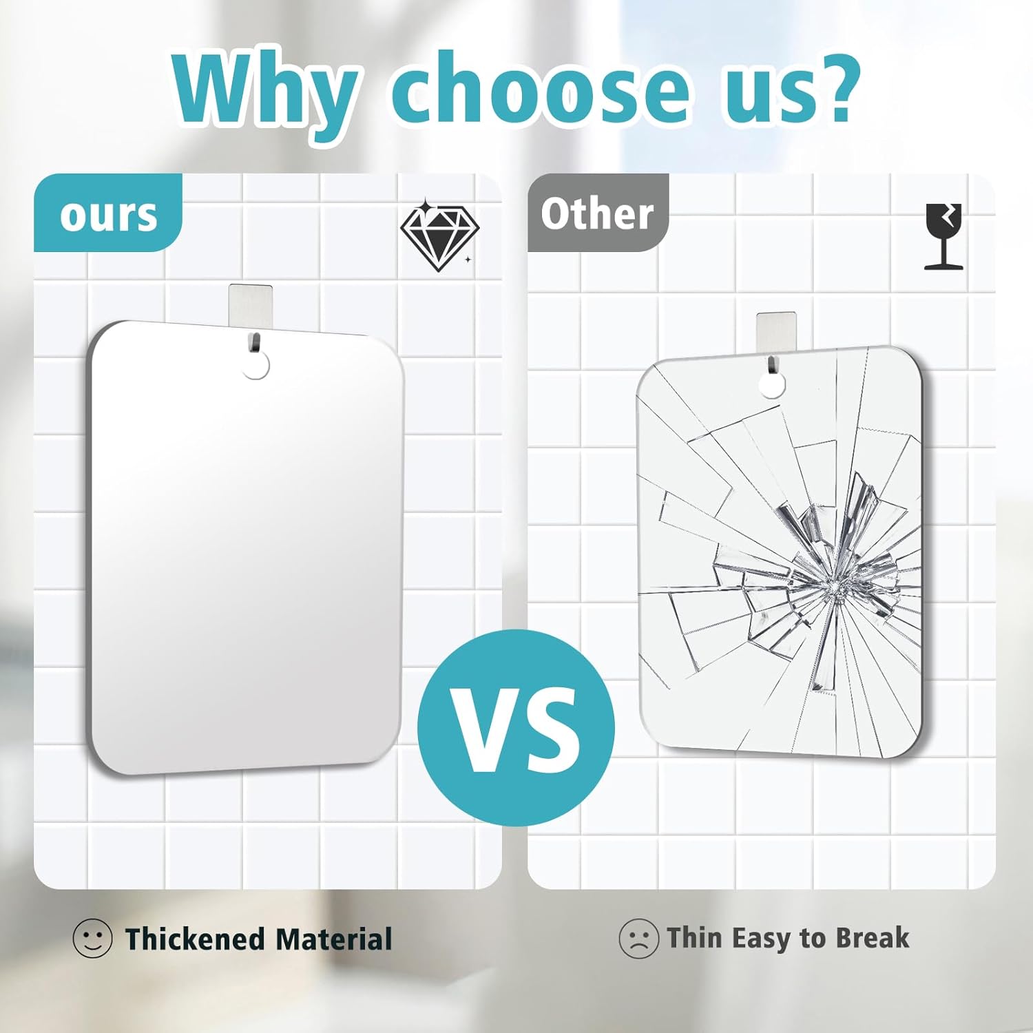 Fog-Free Shower Mirror with Shatterproof Acrylic and Hook