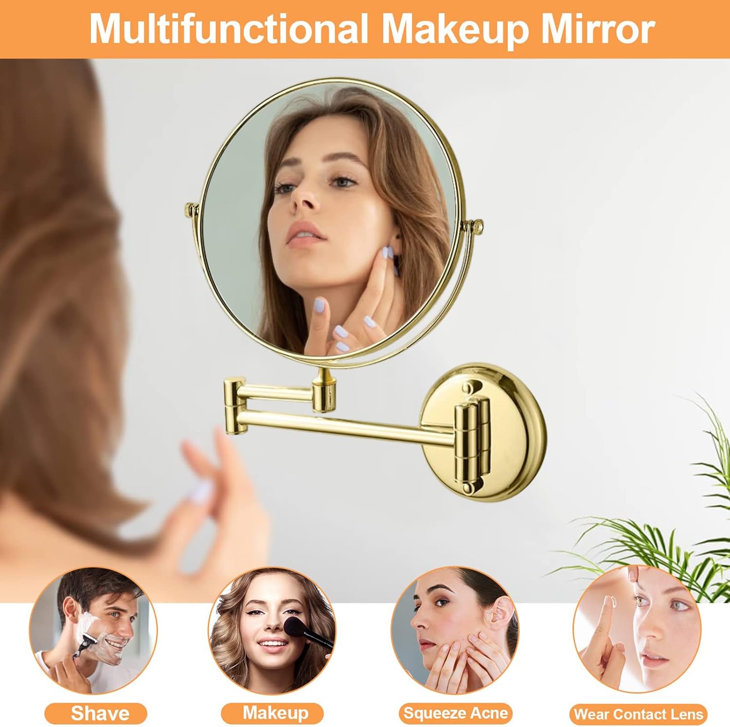360 Rotating Gold Brass Makeup Mirror Wall Mount