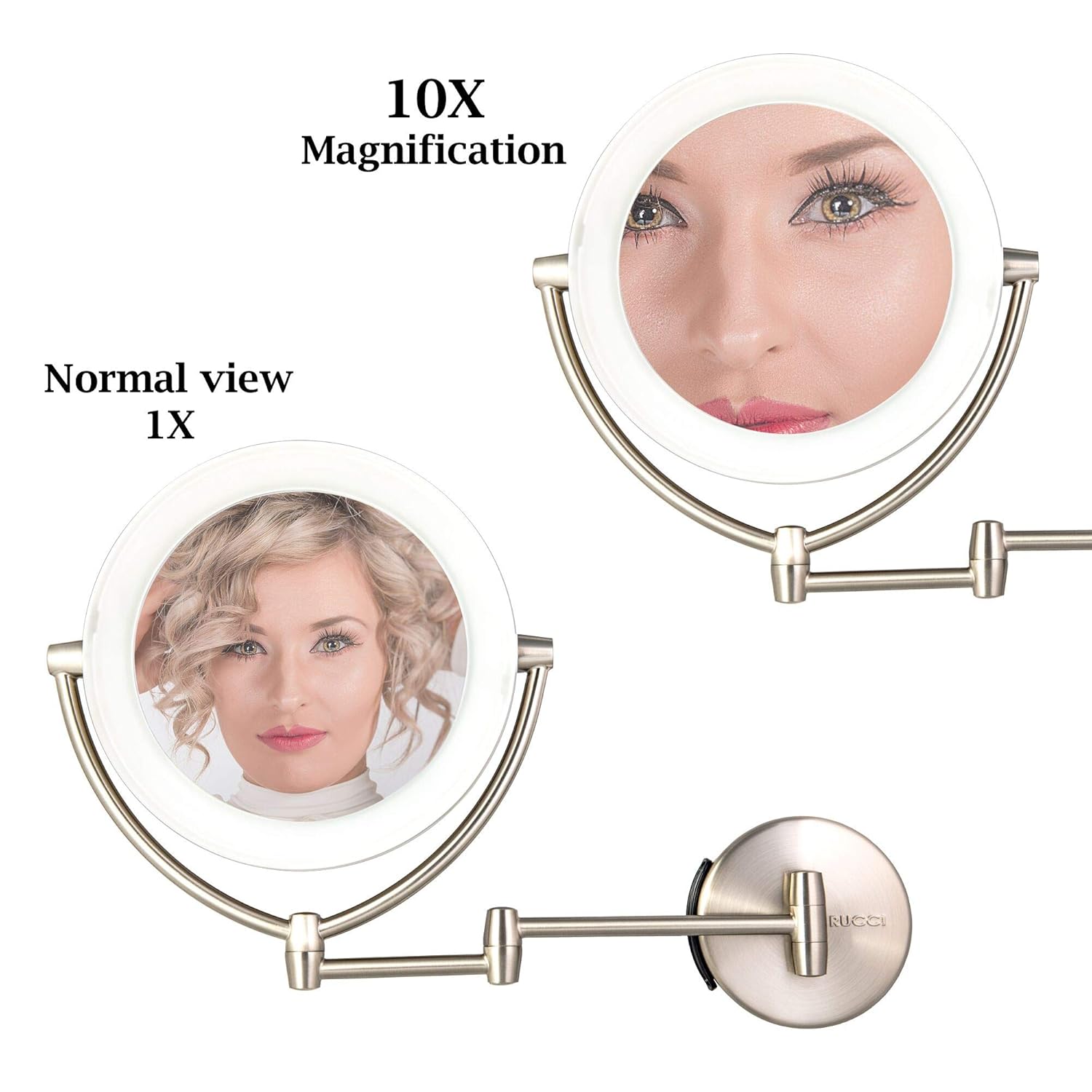 Rucci Wall Mount LED Lighted Makeup Mirror with 1x and 10x Magnification