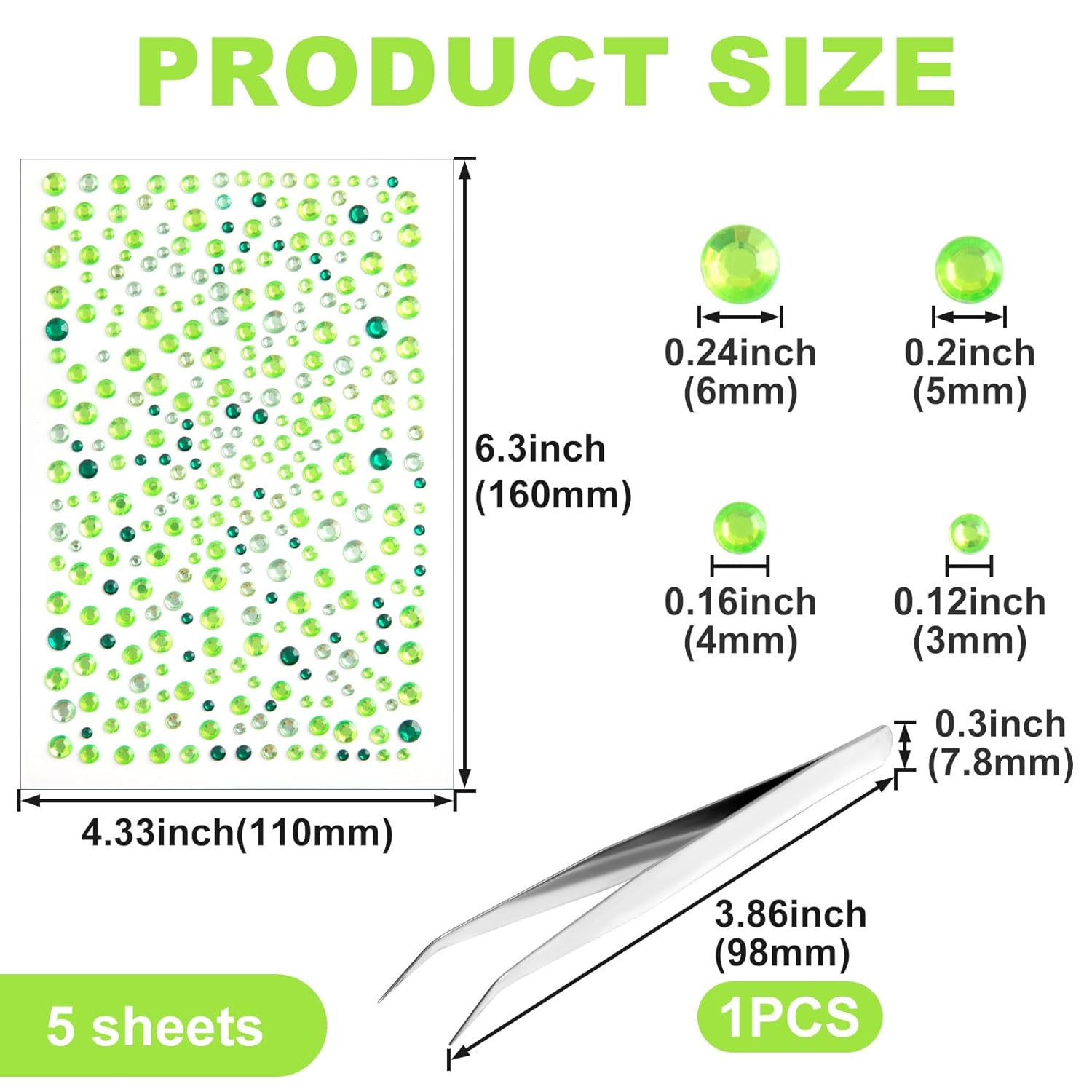 Alpinleux 5 Sheets Green Rhinestone Stickers for Face