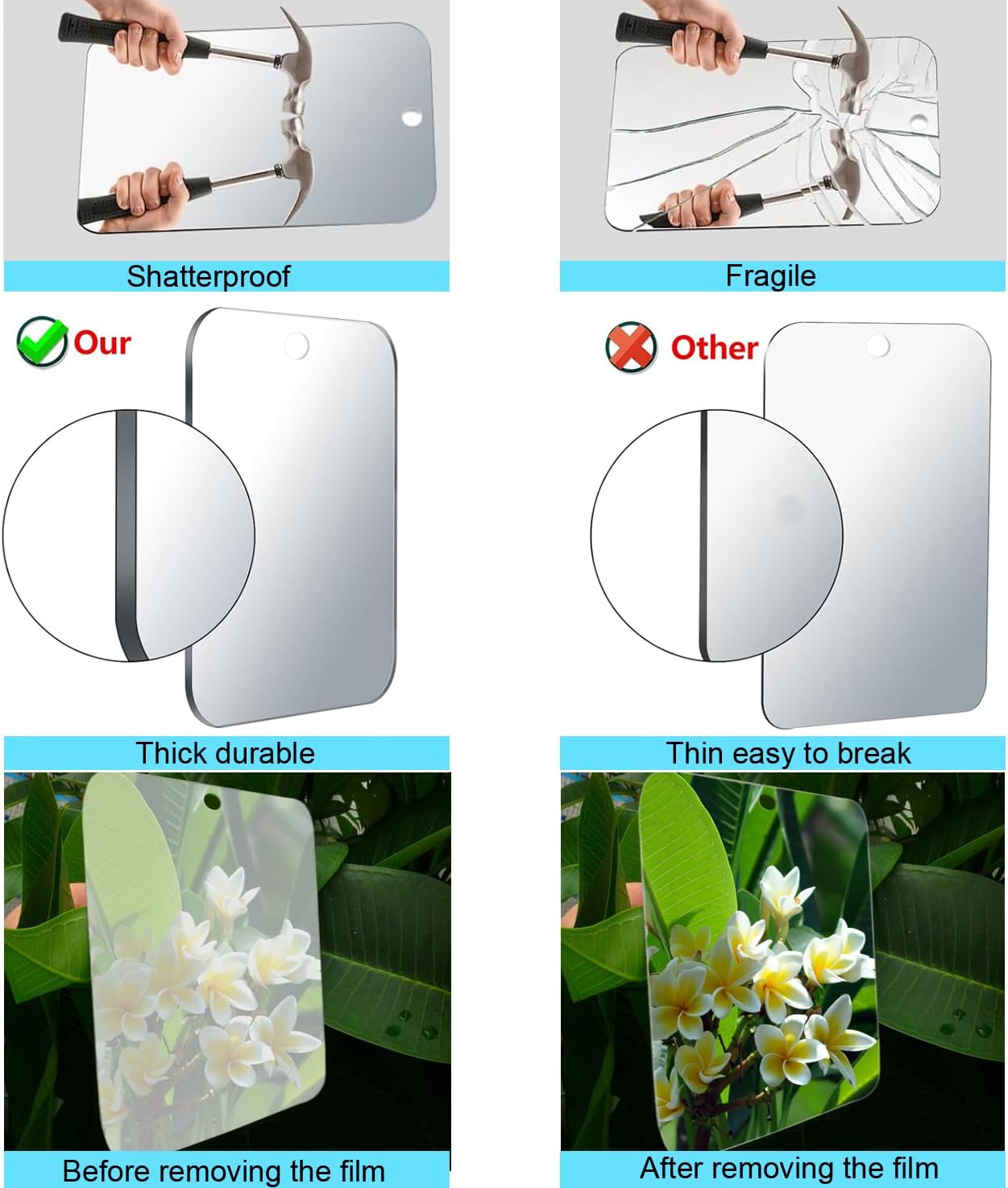 Shower Mirror with Adhesive Hook for Travel and Shaving