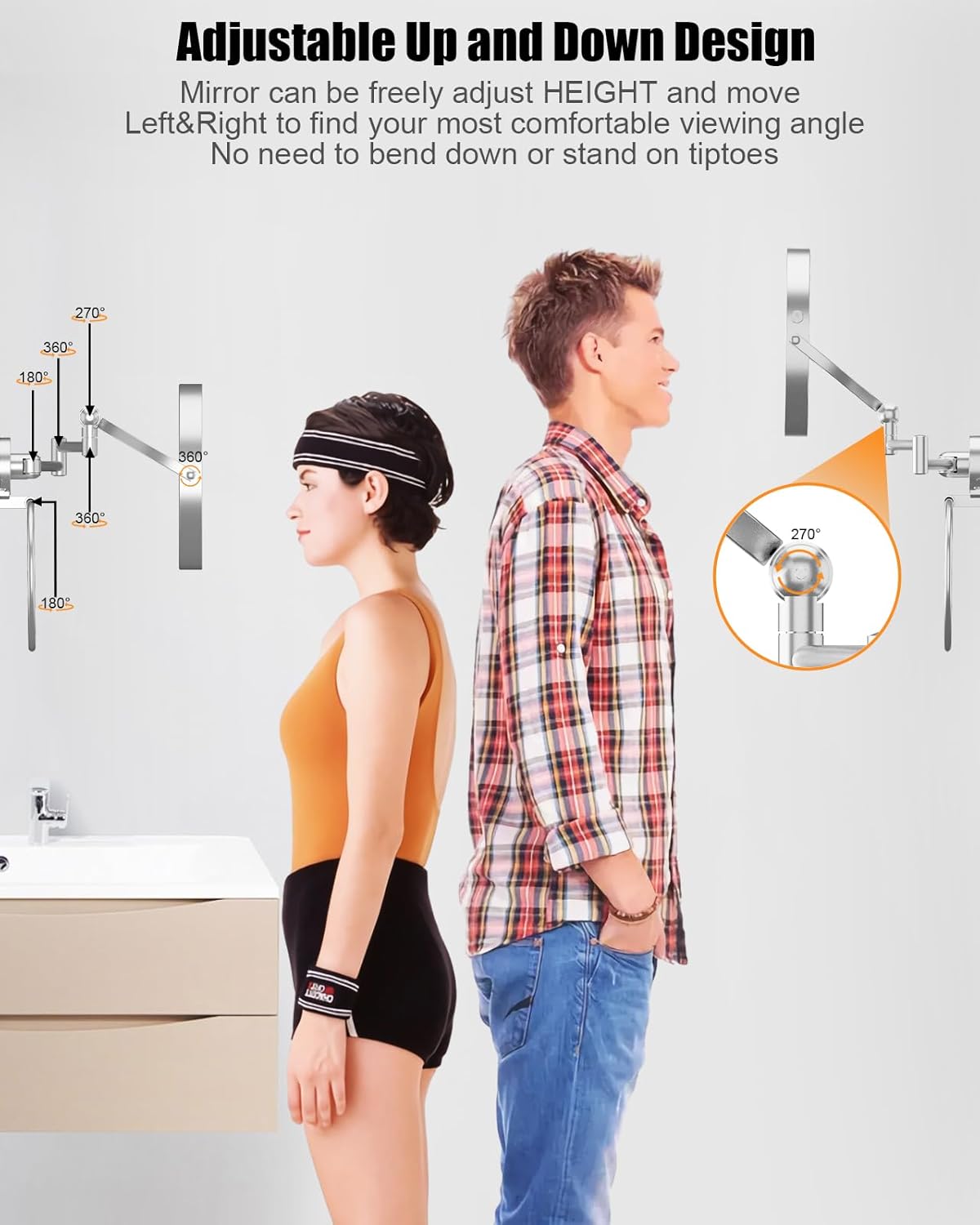 TOLOYE Adjustable Height LED Makeup Mirror with Towel Ring