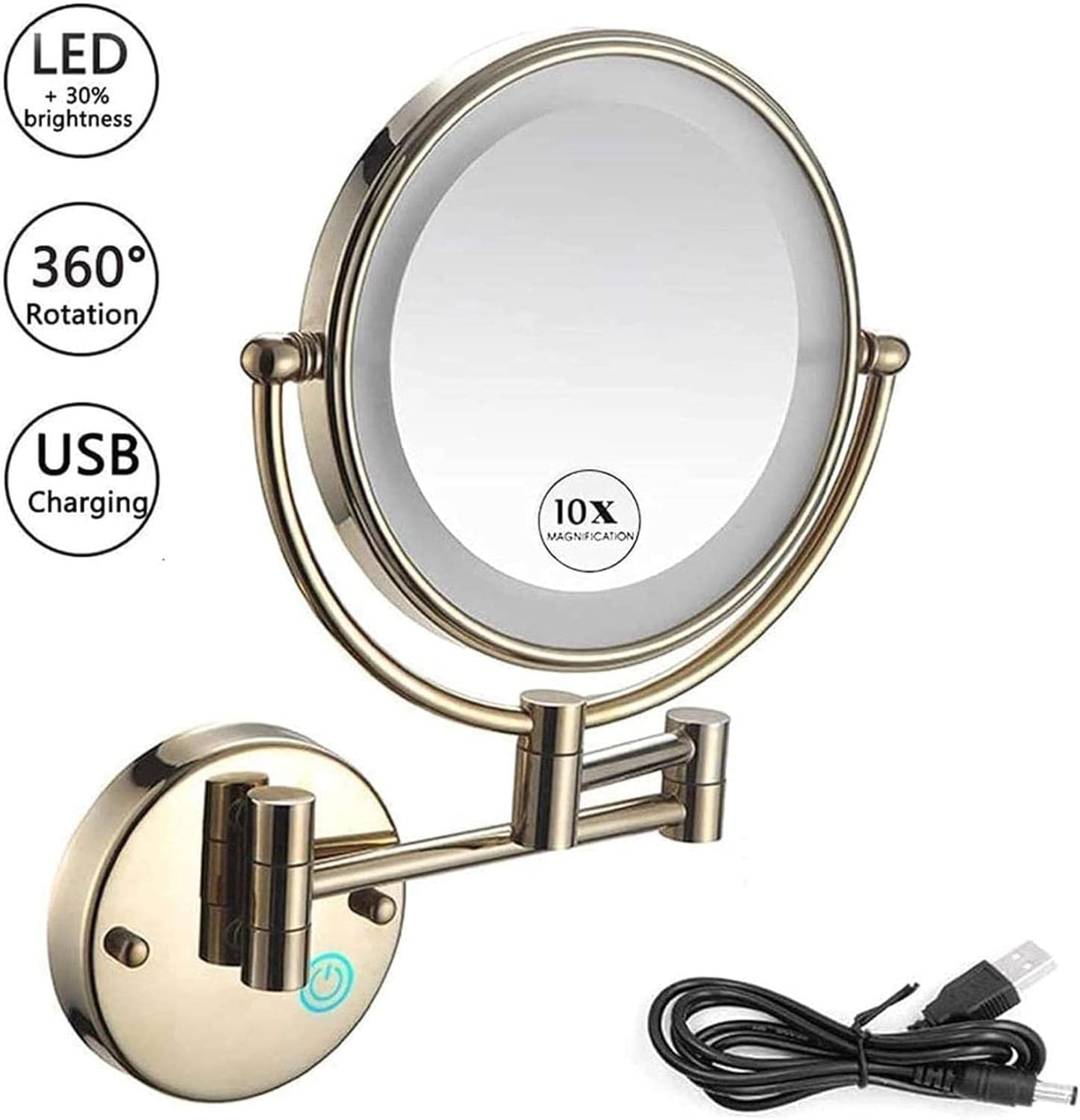 DEIHGE 360 Rotate Double-Sided Makeup Mirror with LED Light Zirconium Gold