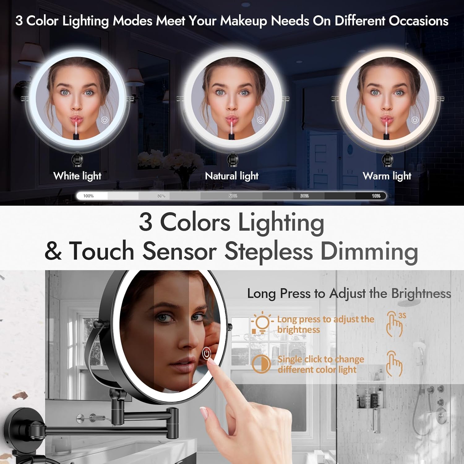 Rocollos Height Adjustable LED Makeup Mirror with Towel Ring 1