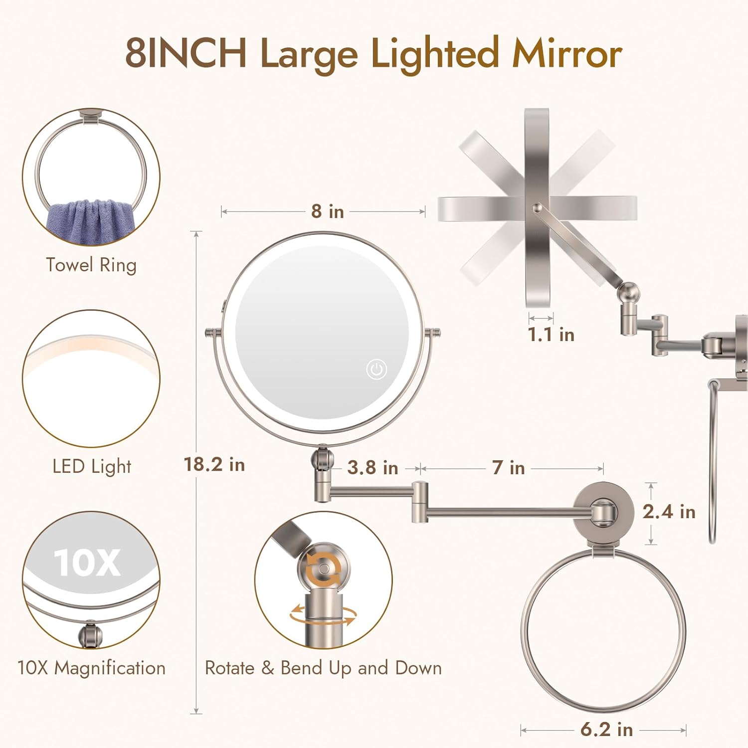 Rocollos Height Adjustable LED Makeup Mirror with Towel Ring