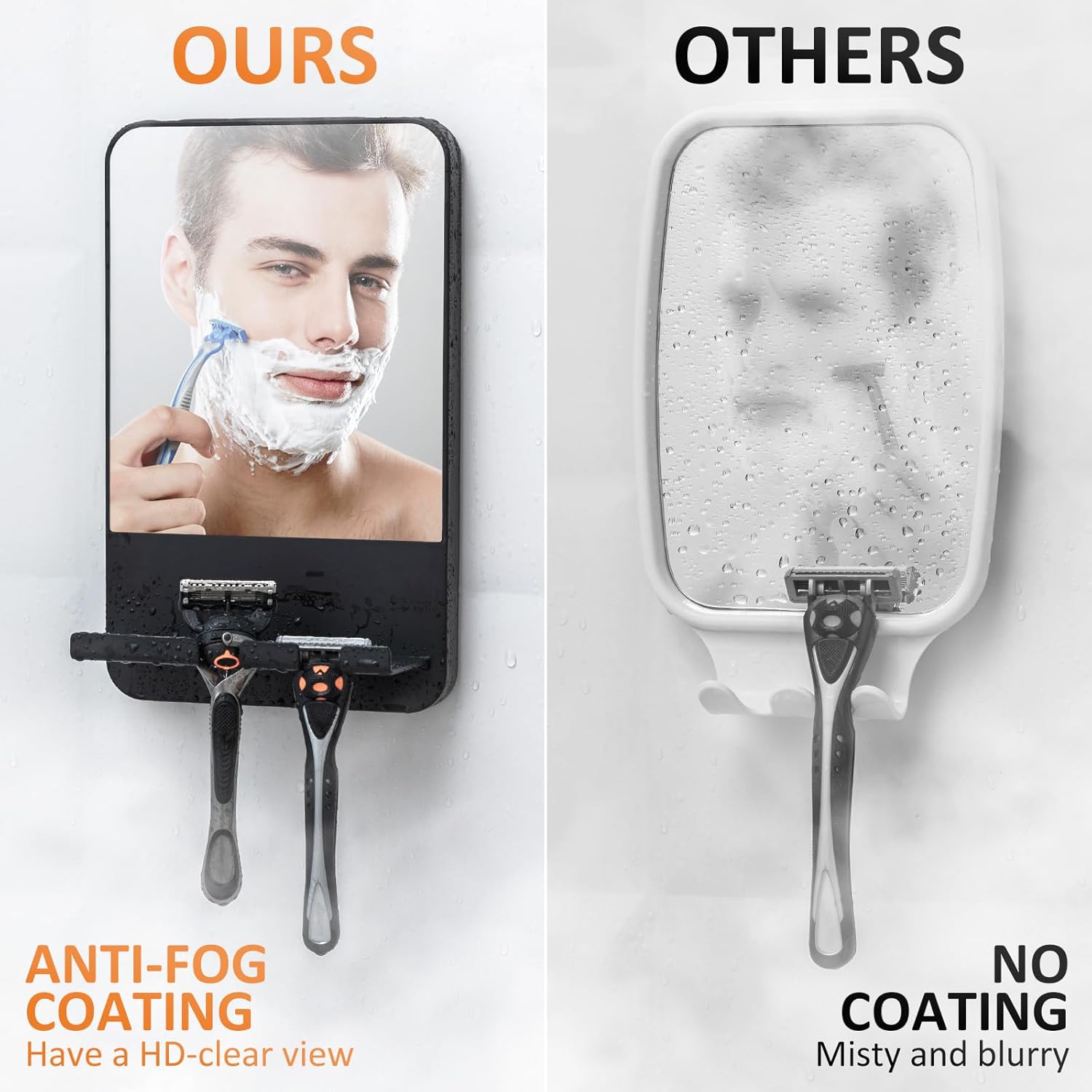 VELMADE Fog Free Shaving Mirror with Razor Holder No Drilling Black