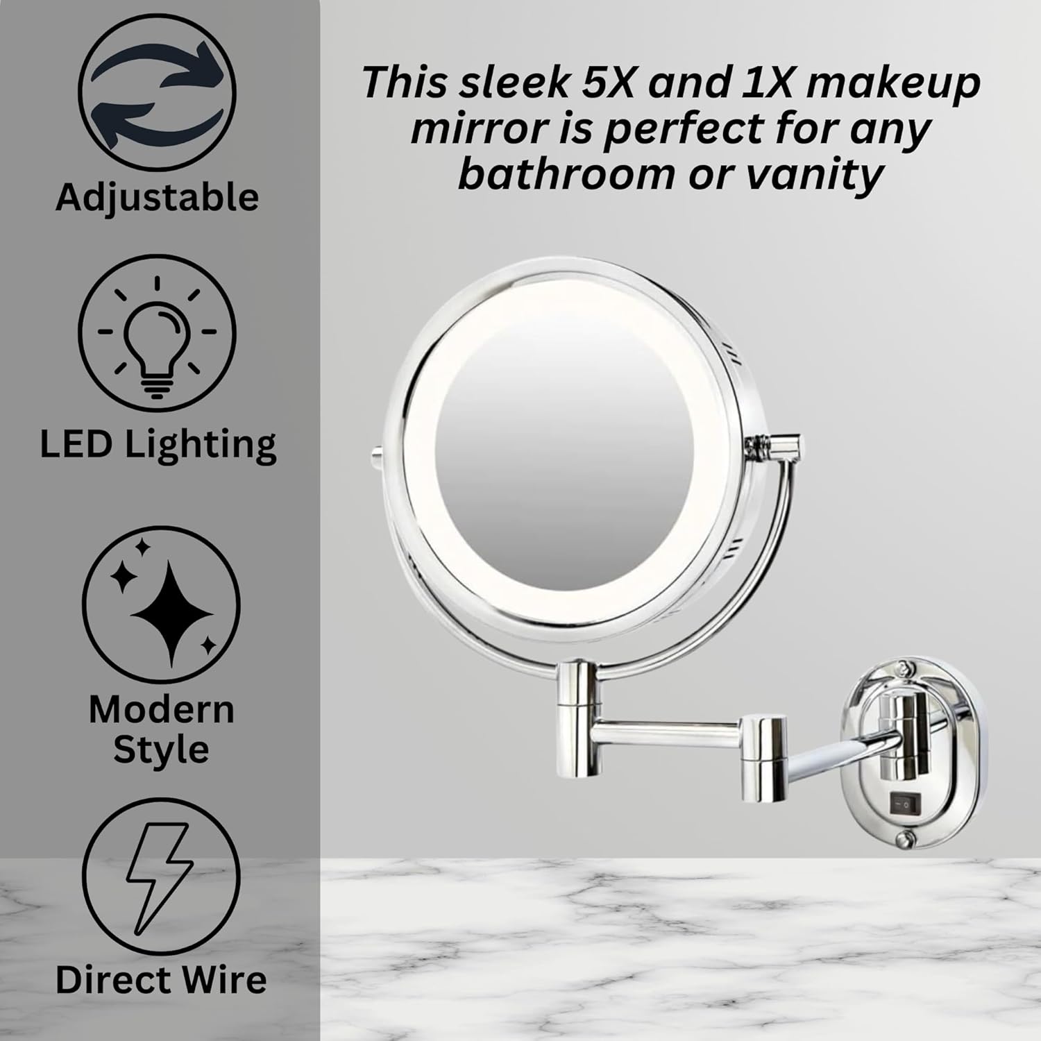 JERDON Wall-Mounted Chrome Makeup Mirror with LED Lighting and 5X Magnification