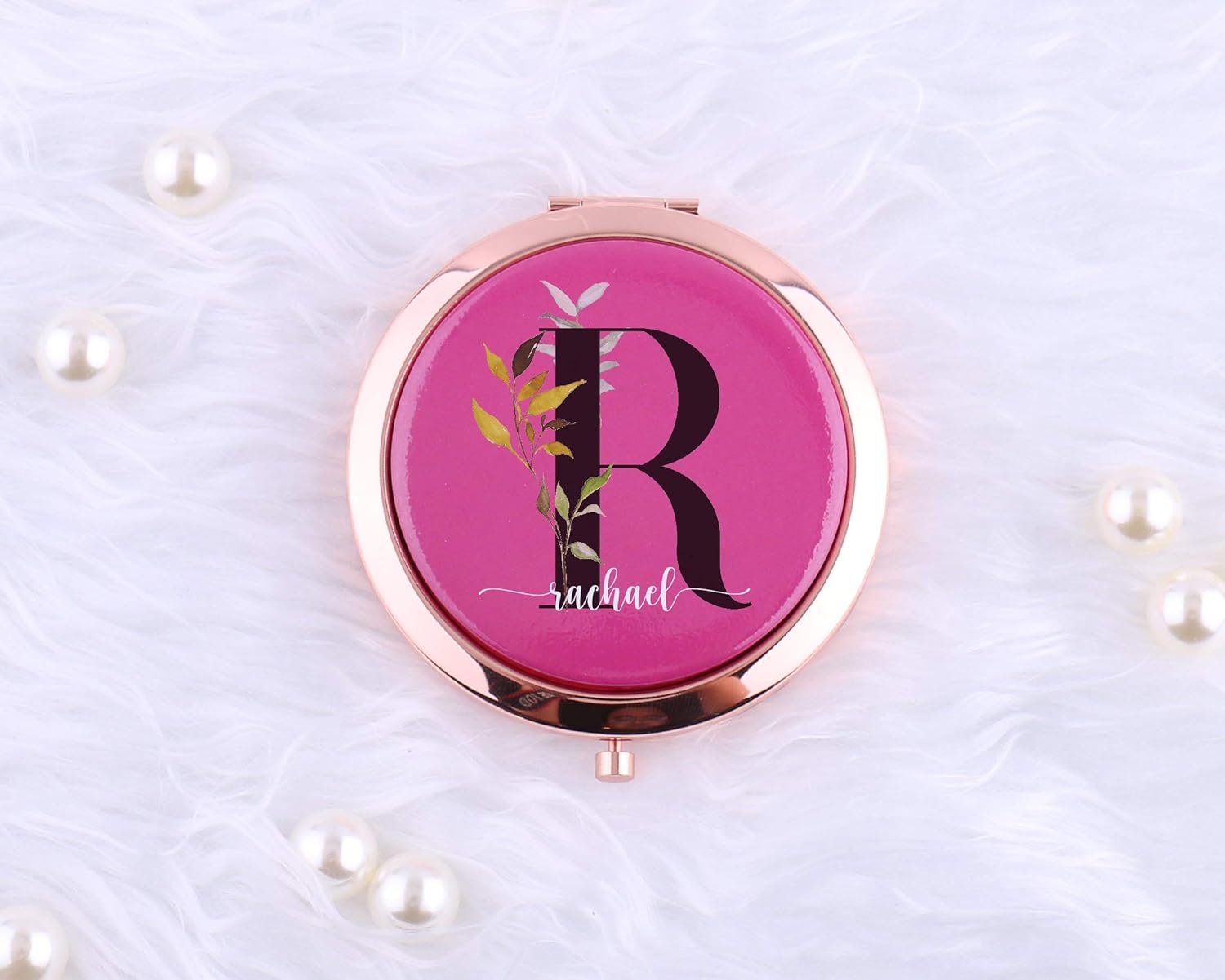 Personalized Hot Pink Compact Mirror with Name and Initial