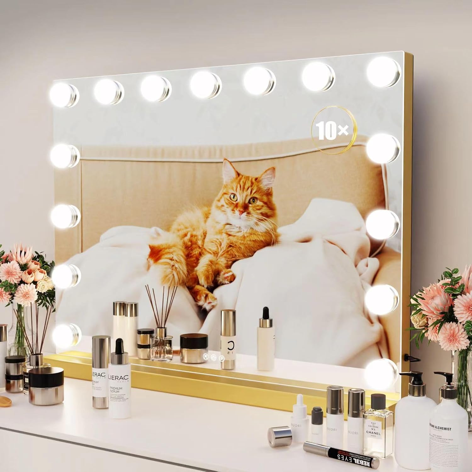Vanity Mirror with 15 LED Makeup Lights and USB Charging Gold