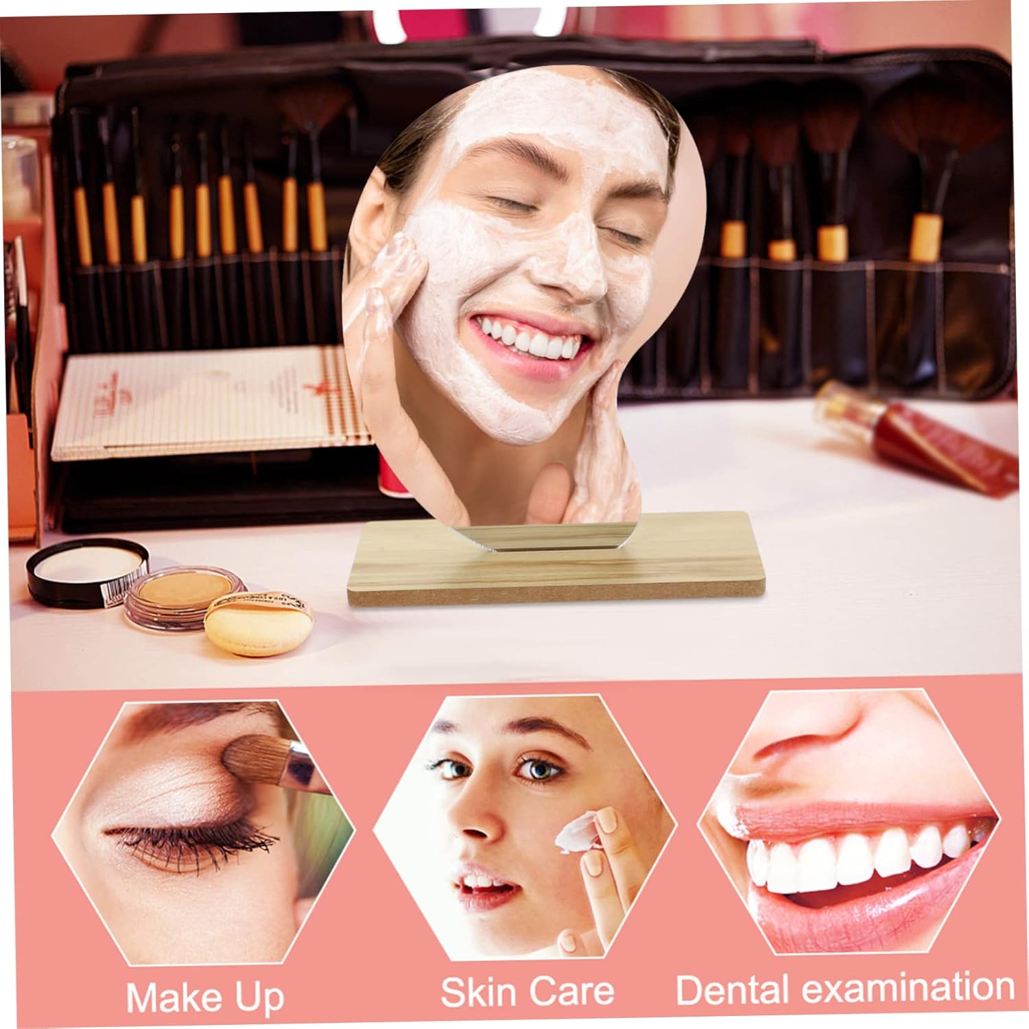 Healifty Wooden Base Desktop Cosmetic Mirror 1