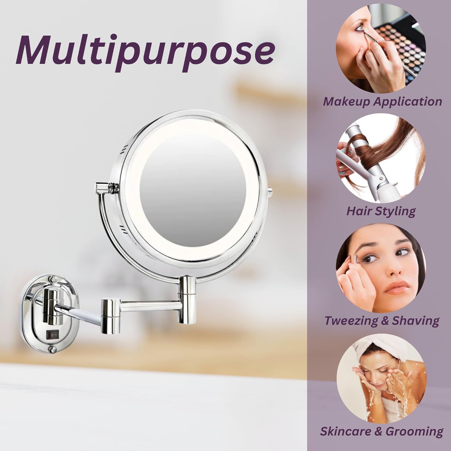 JERDON Wall-Mounted Chrome Makeup Mirror with LED Lighting and 5X Magnification