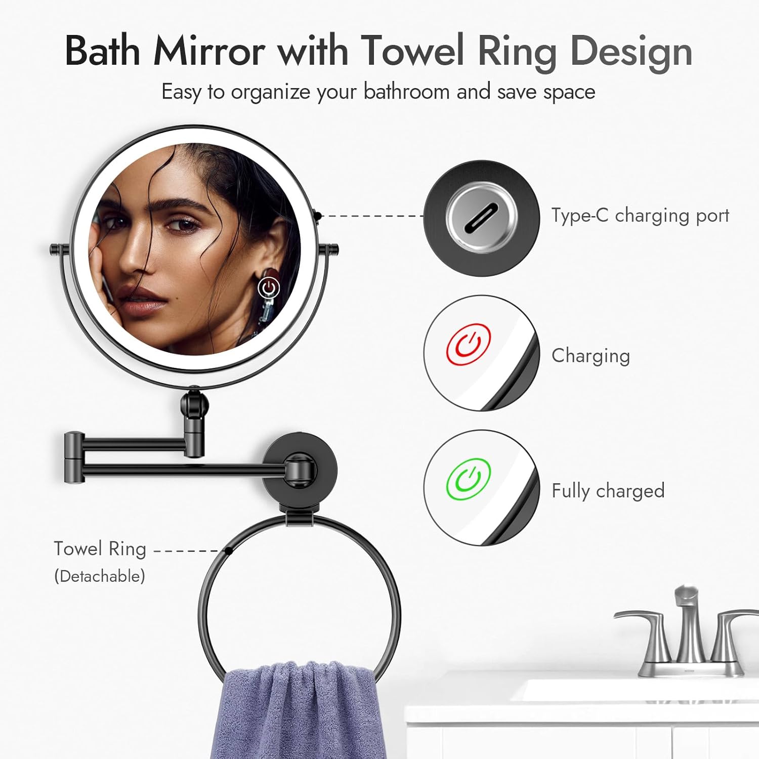 Rocollos Height Adjustable LED Makeup Mirror with Towel Ring 1