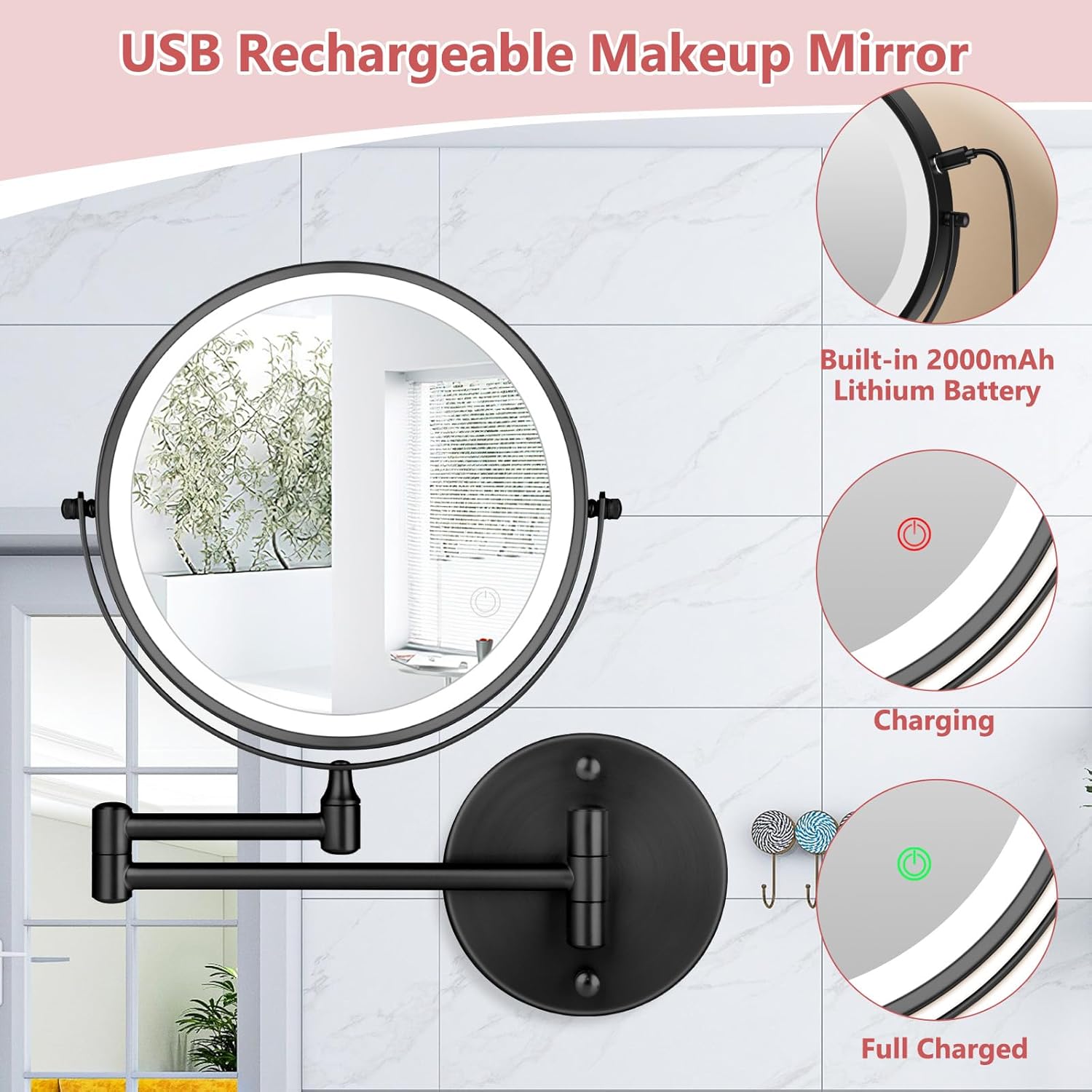 ZLOKLA 8 Inch Rechargeable Makeup Mirror with 1X10X Magnification