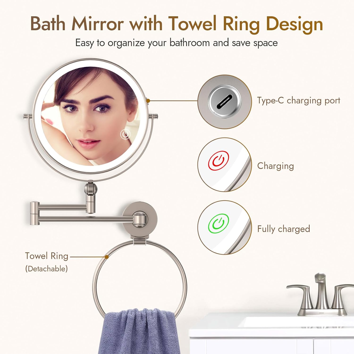 Rocollos Height Adjustable LED Makeup Mirror with Towel Ring