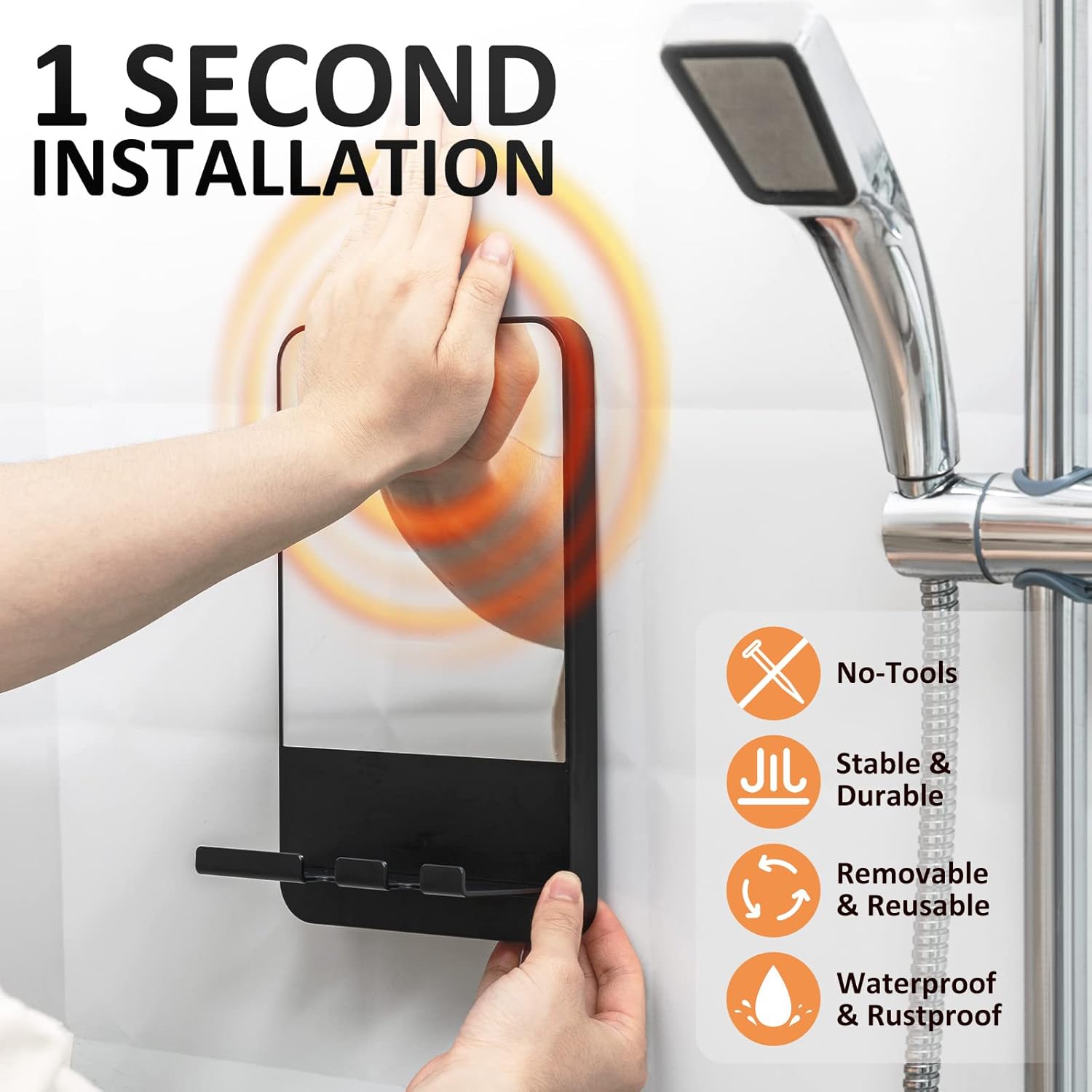 VELMADE Fog Free Shaving Mirror with Razor Holder No Drilling Black