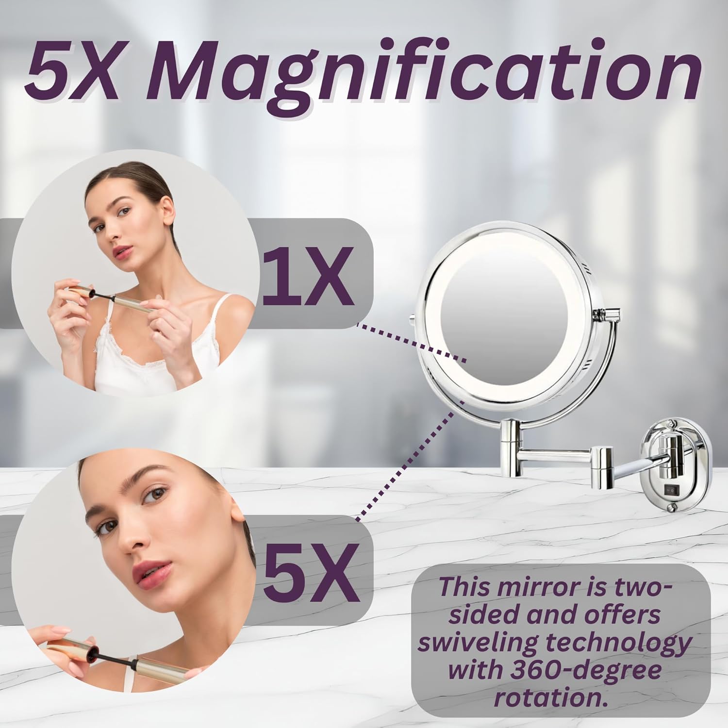 JERDON Wall-Mounted Chrome Makeup Mirror with LED Lighting and 5X Magnification
