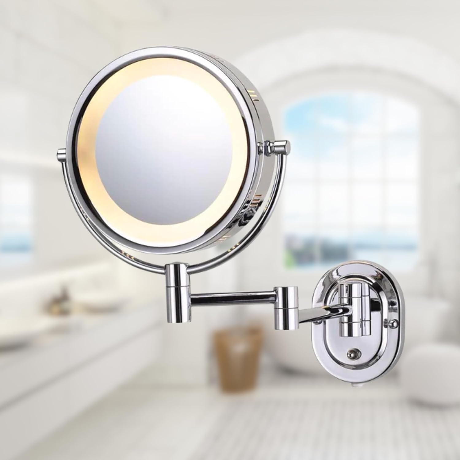 JERDON Wall-Mounted Chrome Makeup Mirror with LED Lighting and 5X Magnification