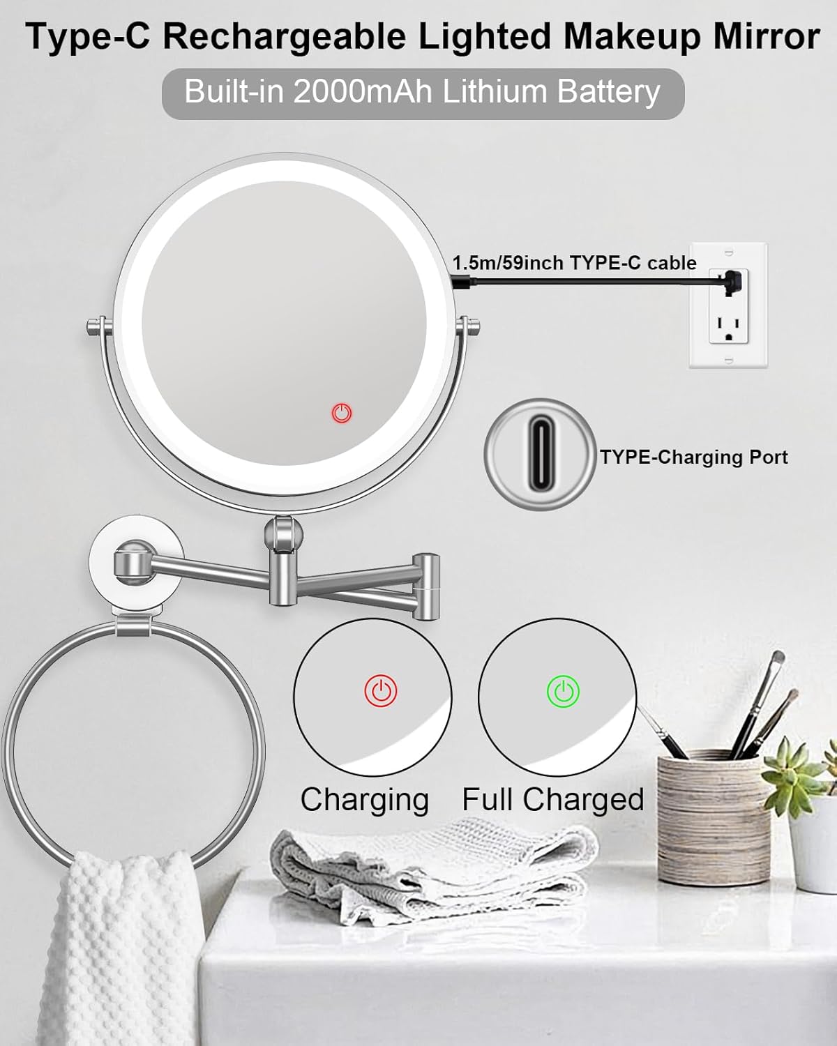 TOLOYE Adjustable Height LED Makeup Mirror with Towel Ring