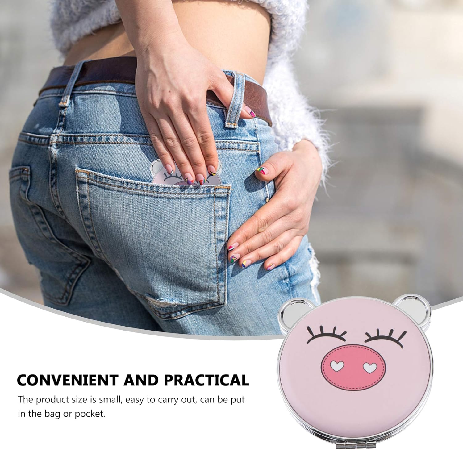LIFKOME Foldable Double Sided Makeup Mirror with Cute Pig Design
