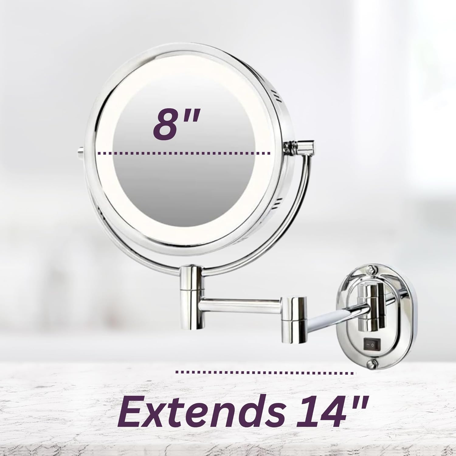 JERDON Wall-Mounted Chrome Makeup Mirror with LED Lighting and 5X Magnification