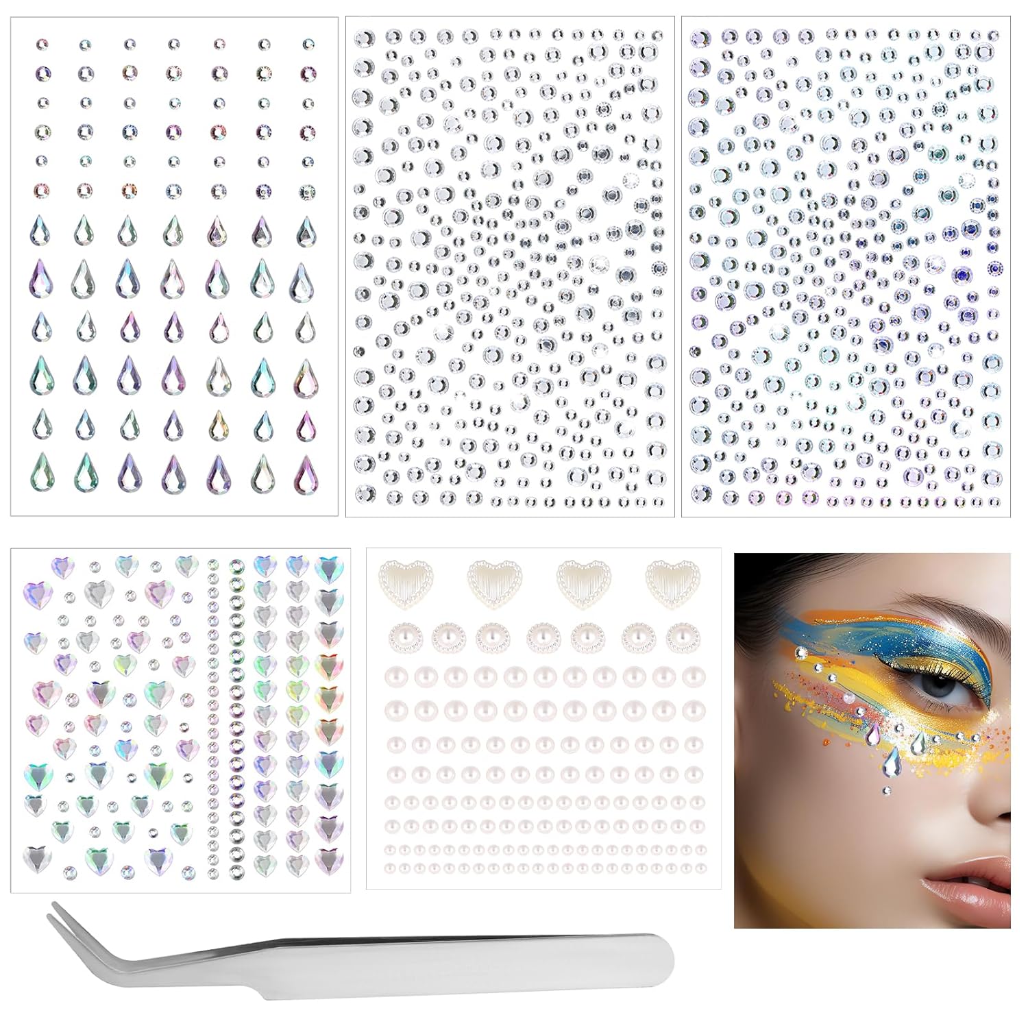 Trinkrittey 5 Sheet Face Gems Self Adhesive Stickers