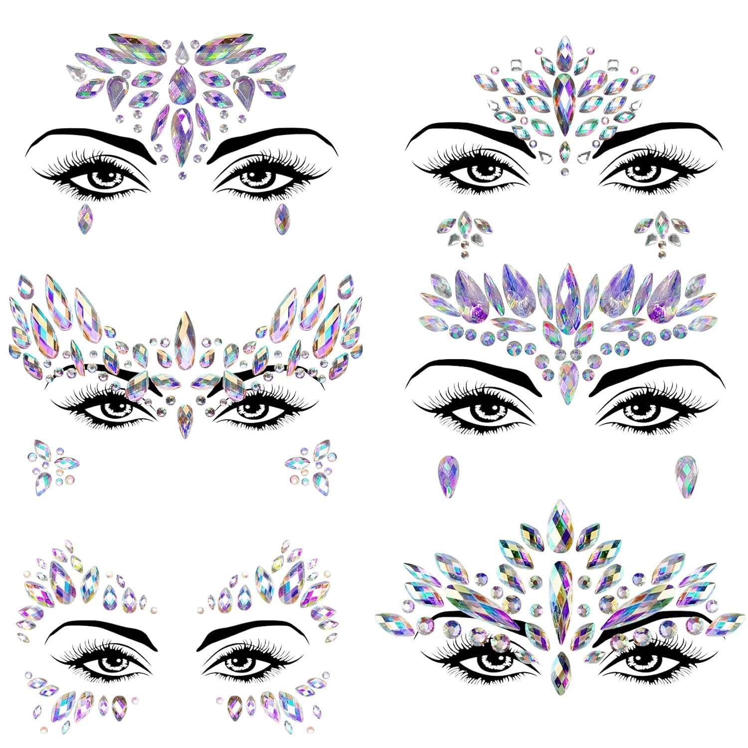 Allruyee 6-Pack Waterproof Face Gems for Parties and Carnivals