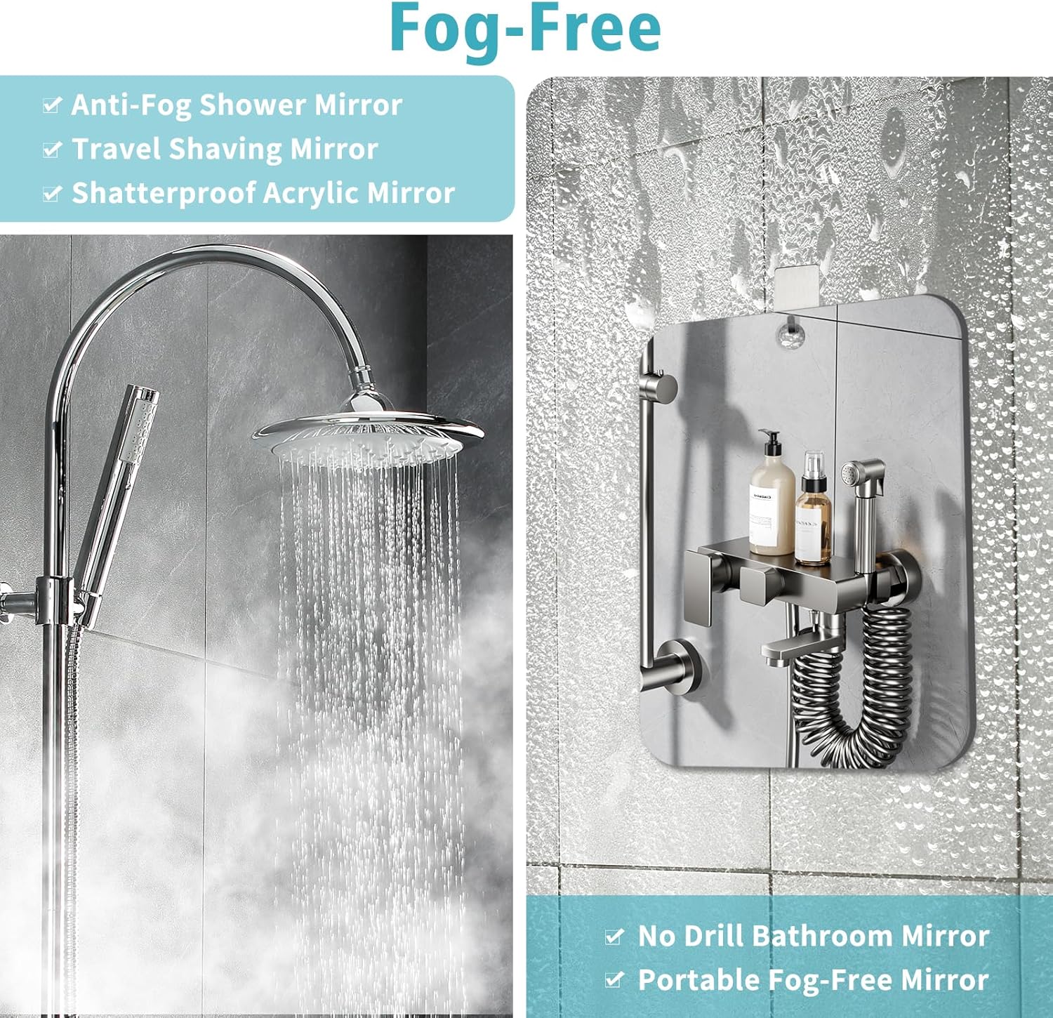 Fog-Free Shower Mirror with Shatterproof Acrylic and Hook