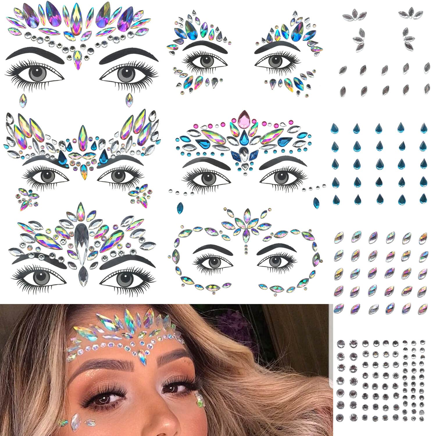 GLARYYEARS 10 Pack Face Gems Temporary Tattoos
