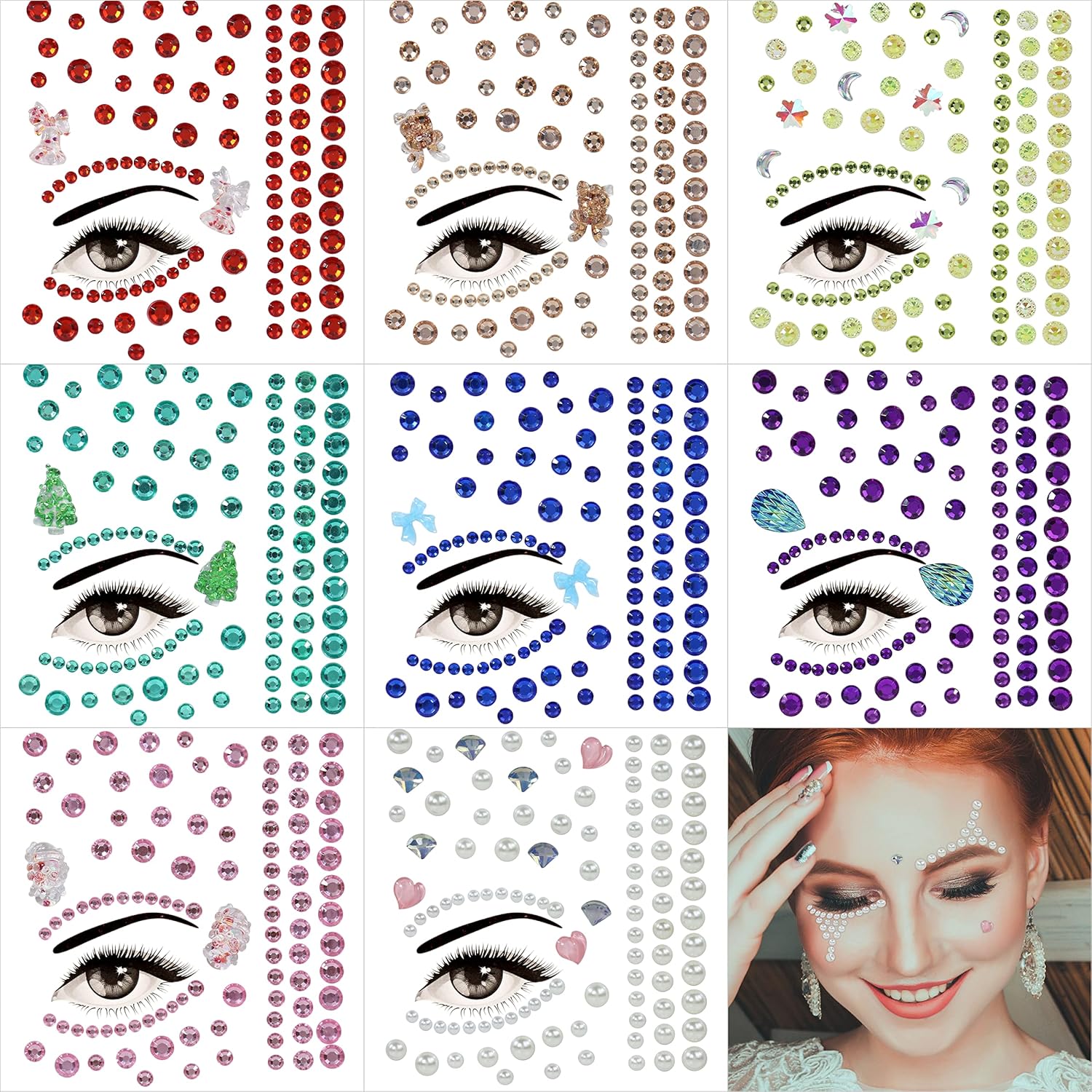 WIDELY TOY Christmas Face Gems 8 Sets Glitter Stick On